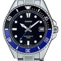 Relógio de pulso analógico Casio MDV-10D-1A2VDF 38mm modelo menor fundo preto, com pulseira de aço inoxidável prateado, moldura prateada e dobrável