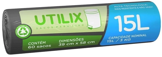 Saco Plástico P/ Lixo 15 Litros Preto - Rolo C/ 60 Unidades | Utilix | R$5,75